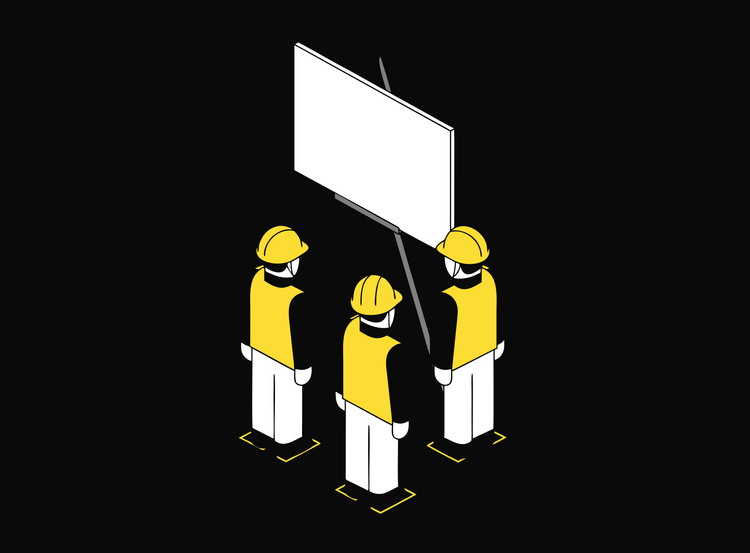 Isometric illustration of workers at a toolbox talk around a presentation board